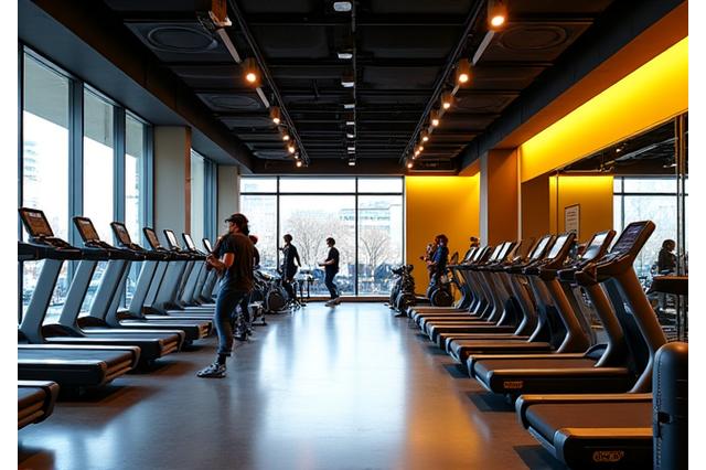Intérieur moderne et dynamique de Pulsation Paris, vue sur des équipements de fitness à la pointe de la technologie.