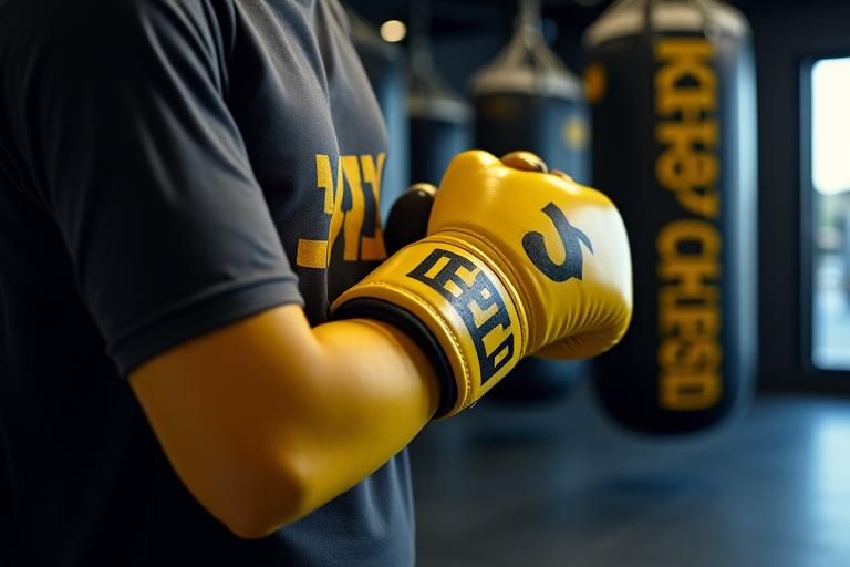 Personne avec des gants de boxe, prête à frapper le sac