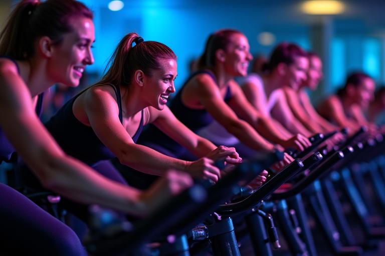 Groupe de personnes en plein cours de cycling, vélos de spinning
