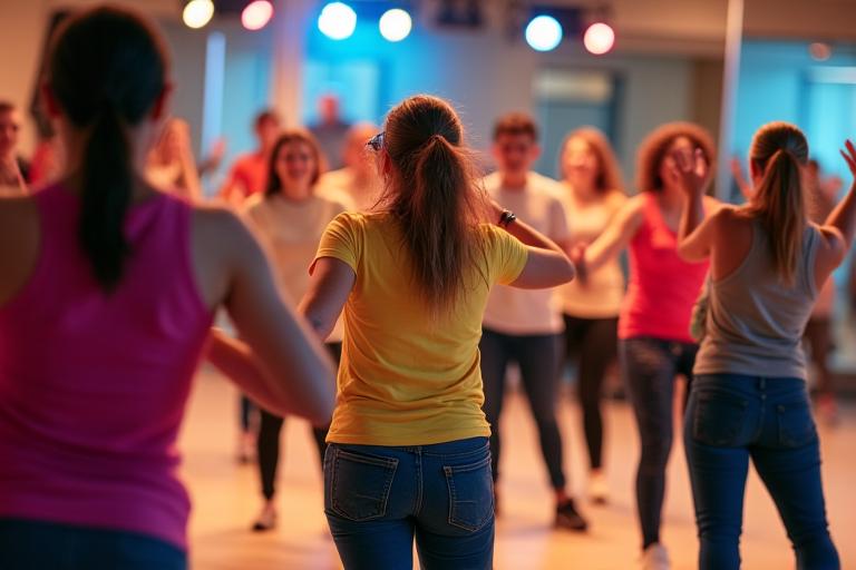Groupe de personnes participant à un cours de danse fitness, avec le mouvement