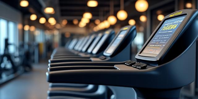 Banc de musculation avec haltères et équipement cardio moderne