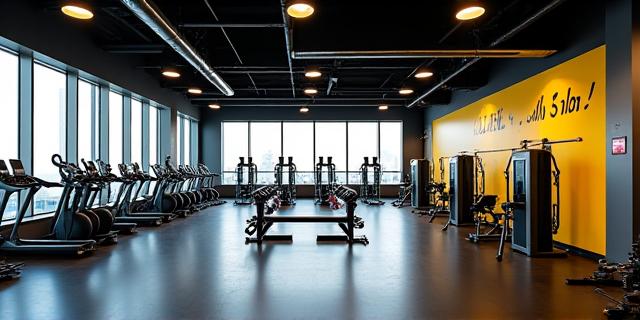 Vue générale large d'une salle de sport bien éclairée et moderne
