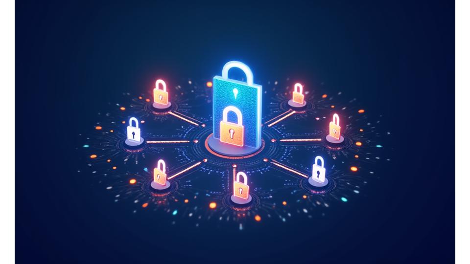 Illustration abstraite de la sécurité des données et de la vie privée en ligne, avec des icônes de cadenas et de bouclier.